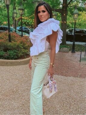 ZARA Asymmetrical One Shoulder Poplin Voluminous Ruffle Top White